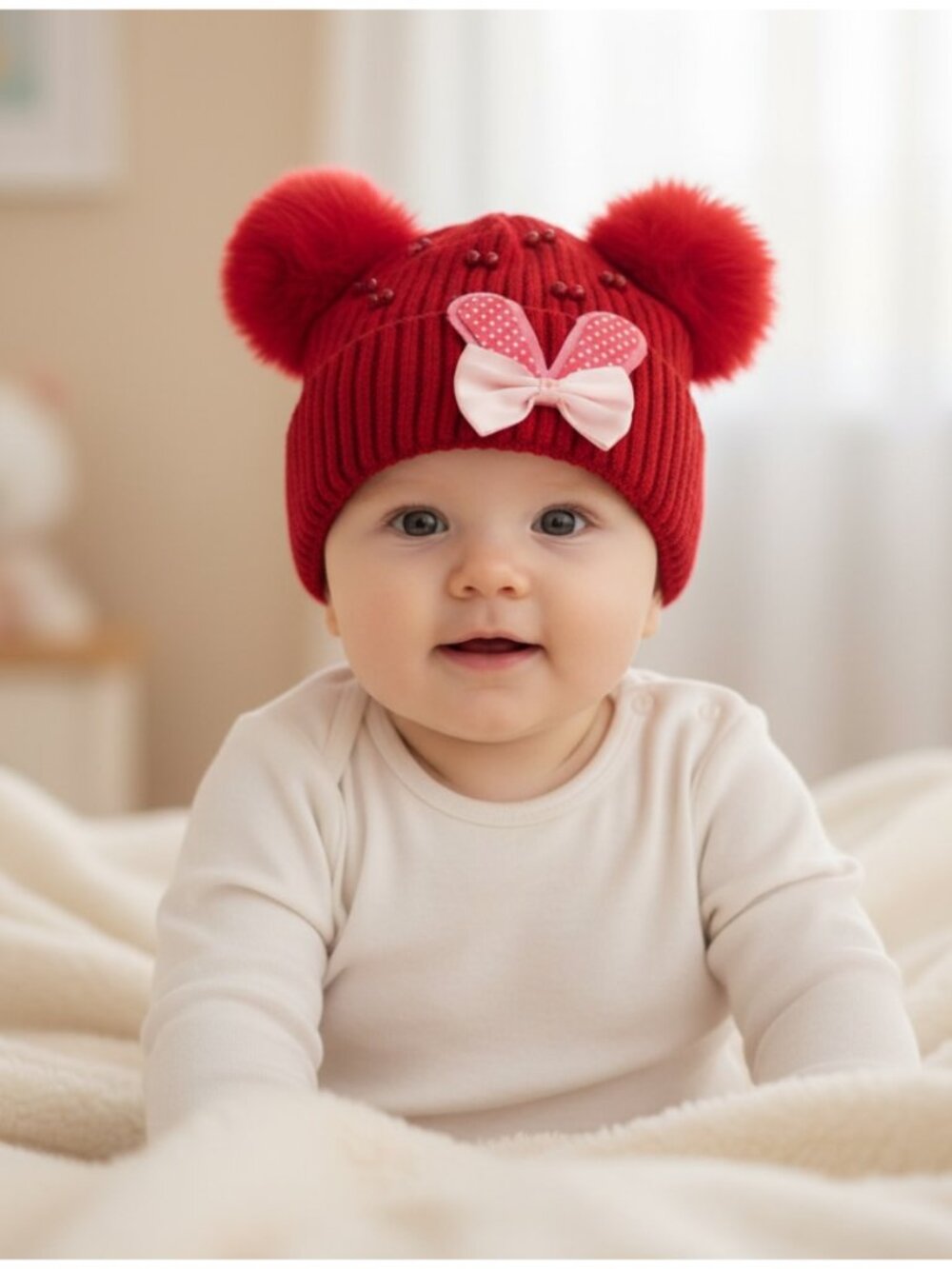 Girls Red Pearl Beaded Ribbed Knit Beanie Double Faux Fur Pom Bunny Ears Bow Hat